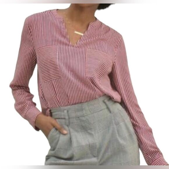 CABI Red White Blue Stripe V-Neck Long Sleeve Top Blouse Women's X-Small - Picture 1 of 9